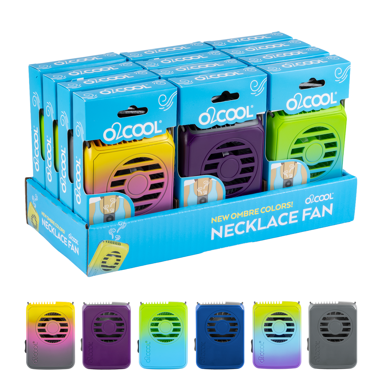 DELUXE NECKLACE FAN - Assorted Ombre (Yellow Pink Grey Ombre, Green Blue Purple Ombre, Green Blue Ombre, Gray, Dark Blue, Purple)