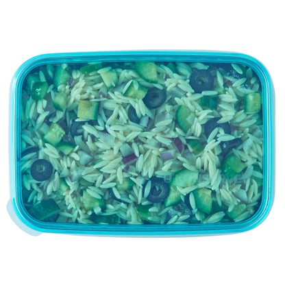 island teal 45oz rectangle lid with orzo salad inside